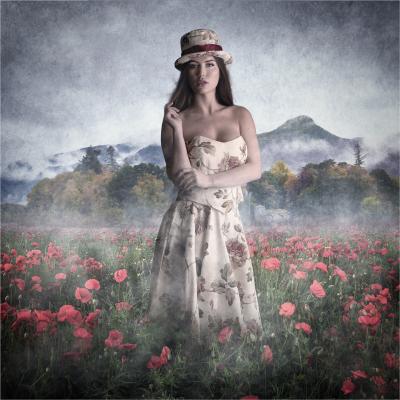 A composite image of people taken in the studio, background of Cumbria and a poppy field in Minworth.